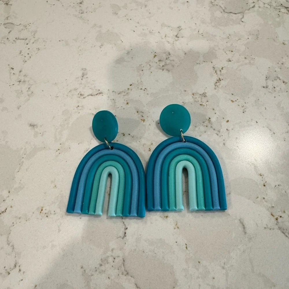 Teal Blue Feminine Colorful Rainbow Statement Earrings Boho Polymer Clay‎ Dangle